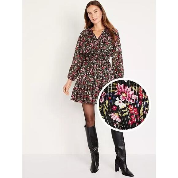 New Old Navy $50 XXL Blue Floral Shine Waist-Defined Boho Tie Neck Mini Dress - Picture 1 of 11